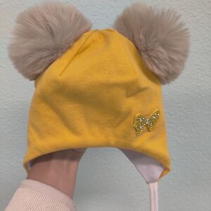 Yellow Kids Pom-Pom Hat with Bow